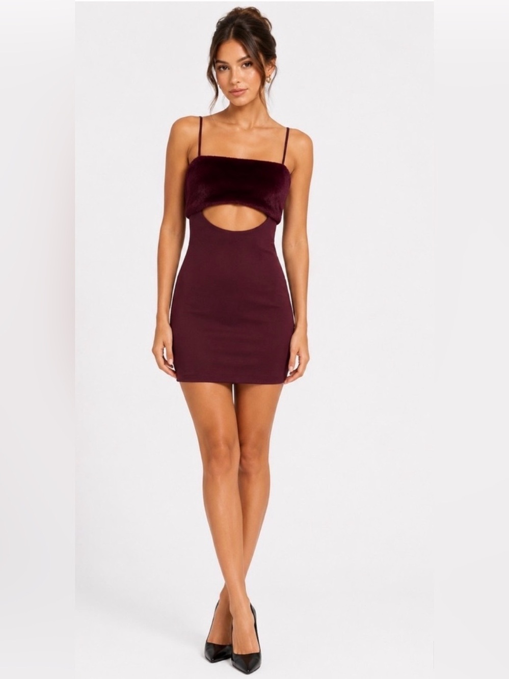 NWT Naked Wardrobe Faux Fur Trim Mini Dress | Burgundy | Medium